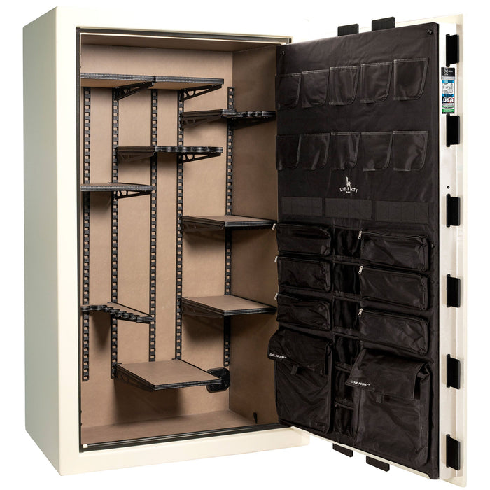 Franklin Series | Level 5 Security | 110 Minute Fire Protection | 50 | DIMENSIONS: 72.5"(H) X 42"(W) X 27.5"(D*) | White Gloss Brass | ProFlex Modular Shelving - Open Door Empty